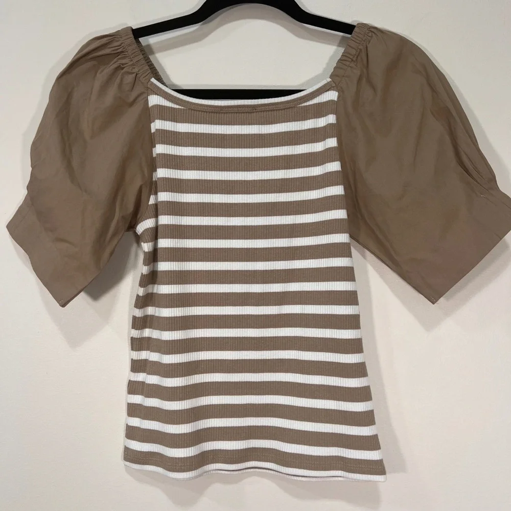 J.Crew Womens Tan White Striped Ribbed Puff Sleeve Mixed Media Top Small NEW